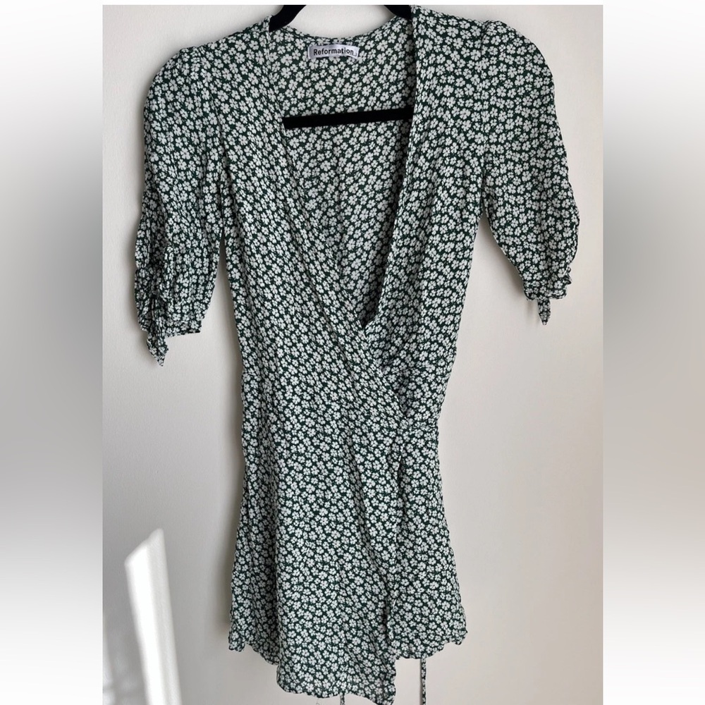 Reformation Venezuela Sammy Mini Wrap Dress Green Floral Print Women Size Small